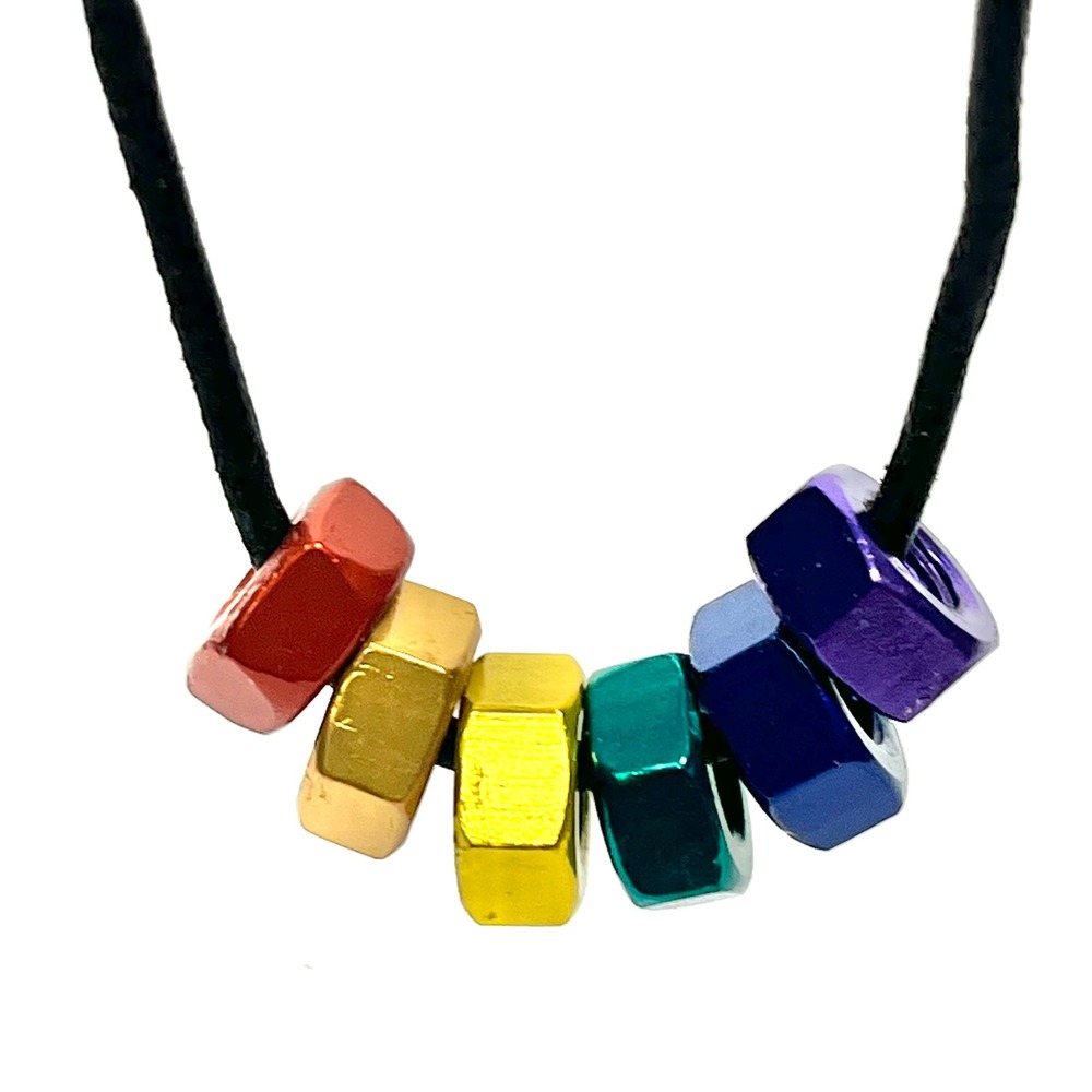Rainbow Hematite Hex Nut Pendant Necklace LGBTQ Pride Industrial Jewelry Unisex